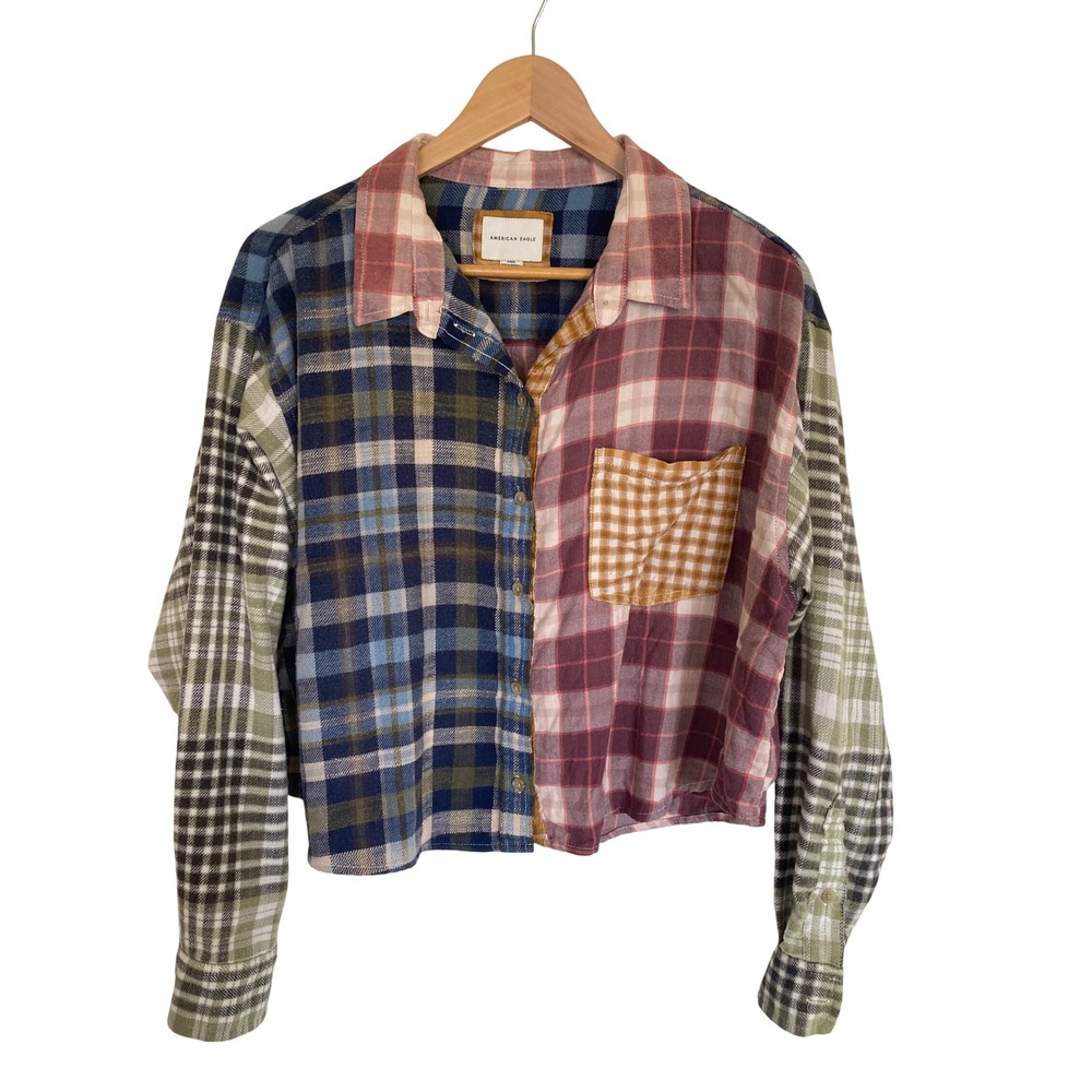 American Eagle Patchwork Plaid Cropped Flannel Shirt Multicolor Large